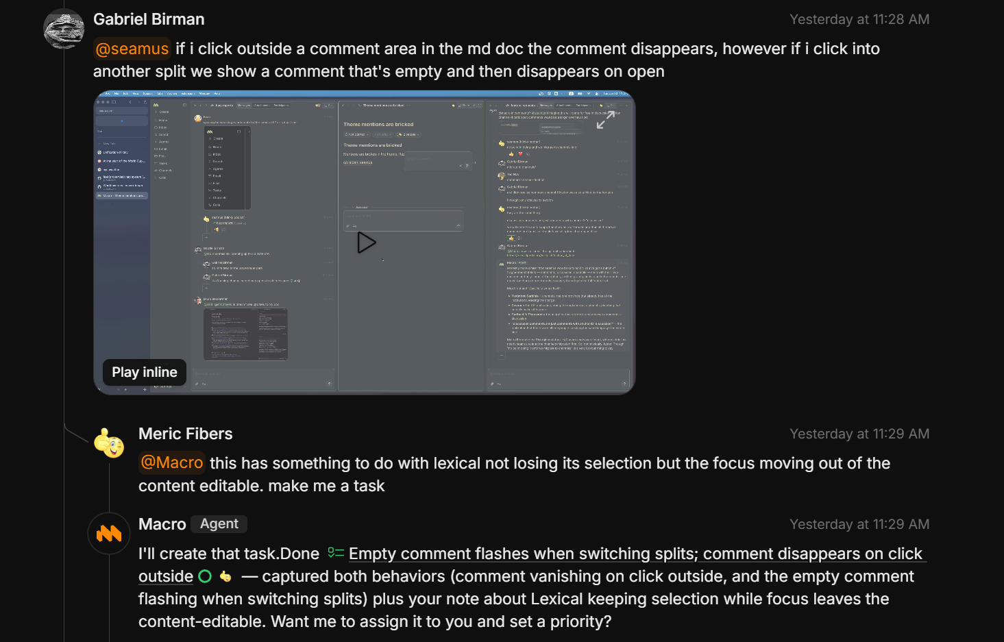 A bug report in a Macro channel where @Macro is asked to make a task and replies with the created, linked task