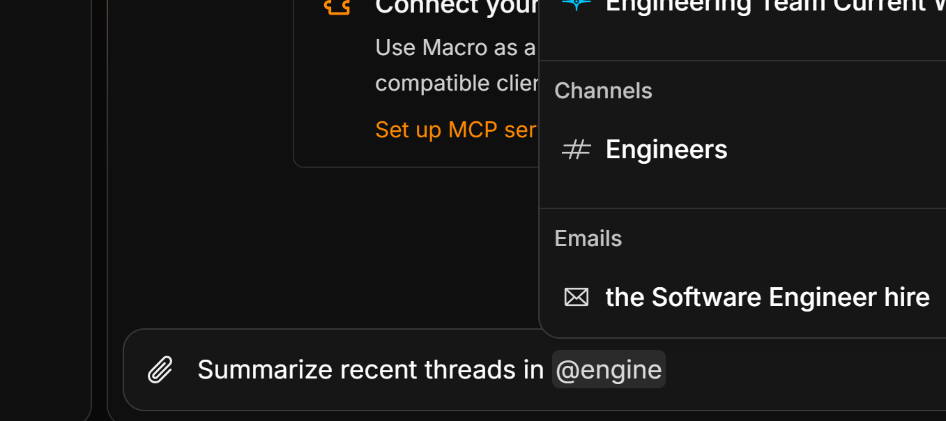 An @mention picker in the agent composer suggesting a channel and an email thread as context