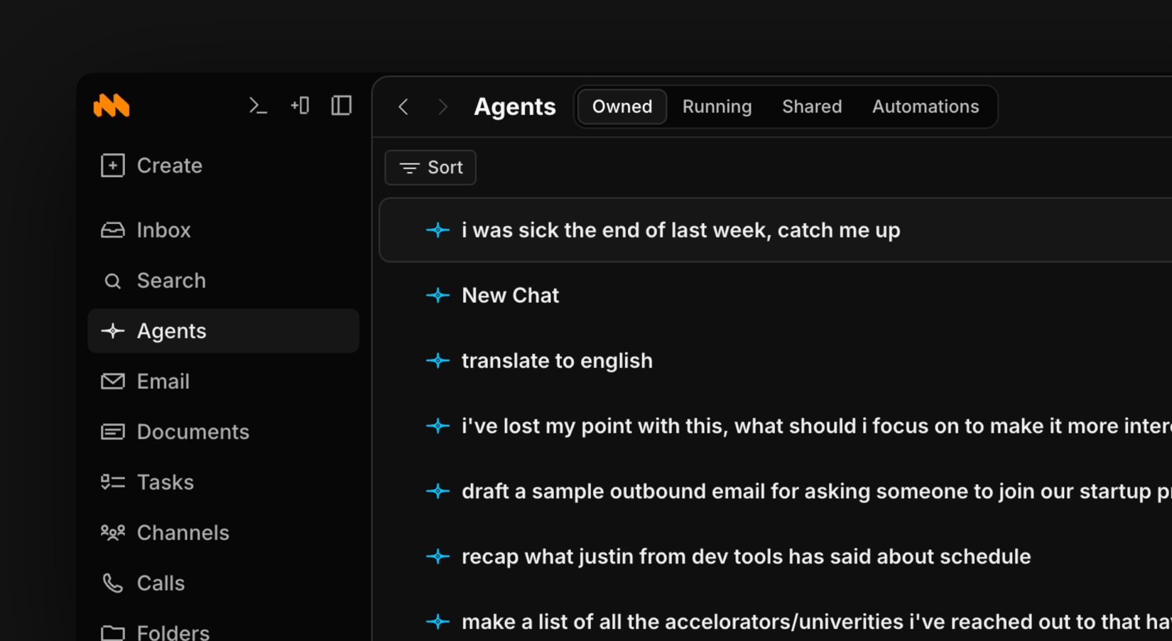 Macro Agents tab listing chats that catch people up, draft outbound email, and recap conversations
