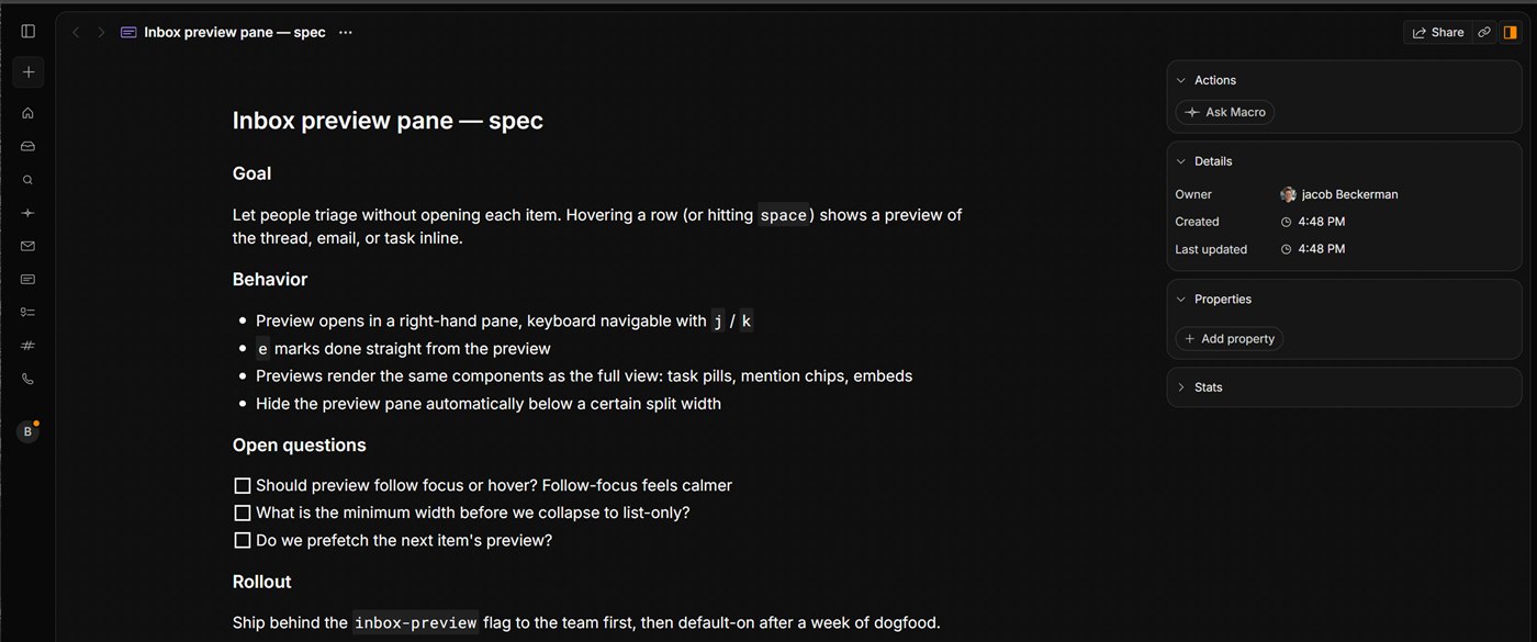 A markdown spec open in Macro's editor with headings, inline code, to-do checkboxes and a details panel