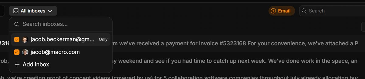 Macro email inbox switcher showing multiple connected accounts checked under All inboxes