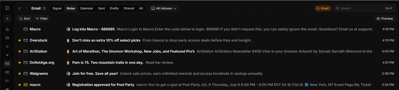 Macro email Noise tab showing marketing and notification emails filtered out of the main inbox
