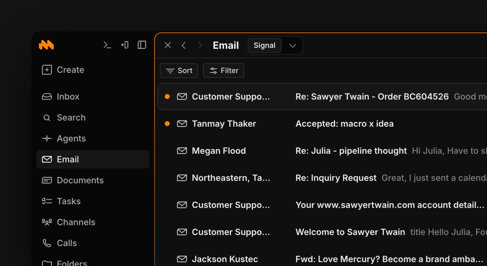 Macro email client with the Signal tab open, showing prioritized threads next to the full workspace sidebar