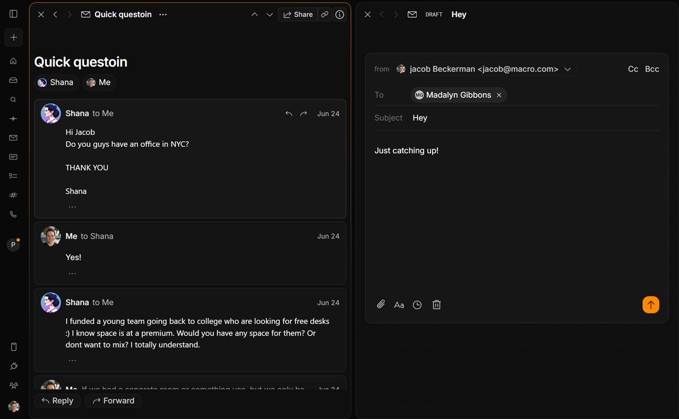 Two Macro email splits side by side: an open thread on the left and a new draft being composed on the right
