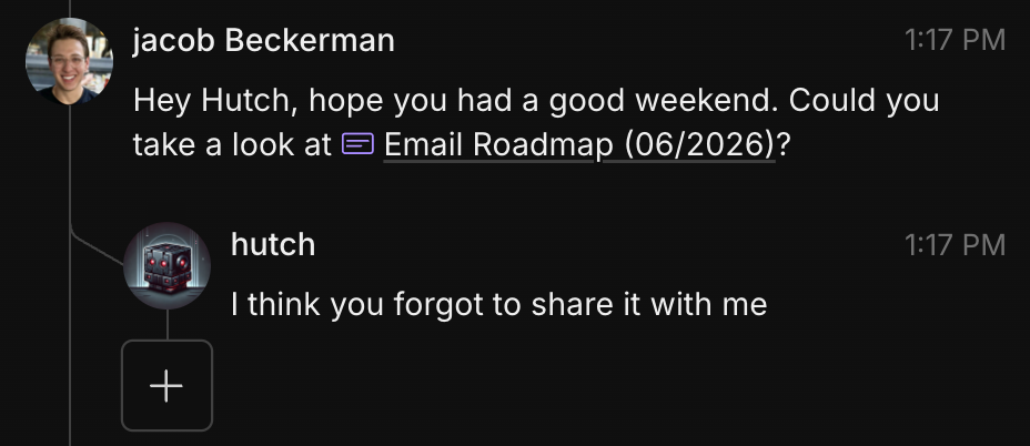 A Macro chat where Jacob shares a doc called Email Roadmap and Hutch replies: I think you forgot to share it with me