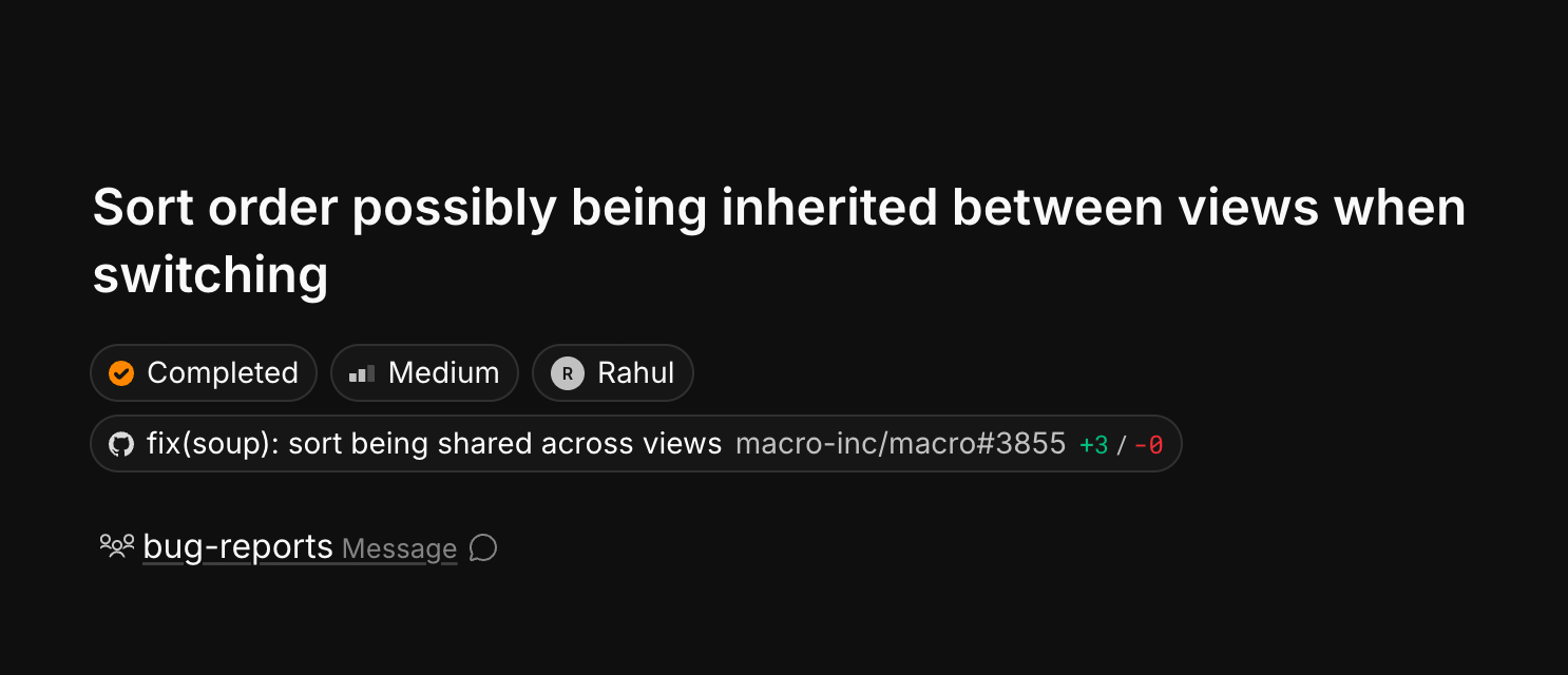 Macro task detail with status, priority, assignee and a linked GitHub pull request pill