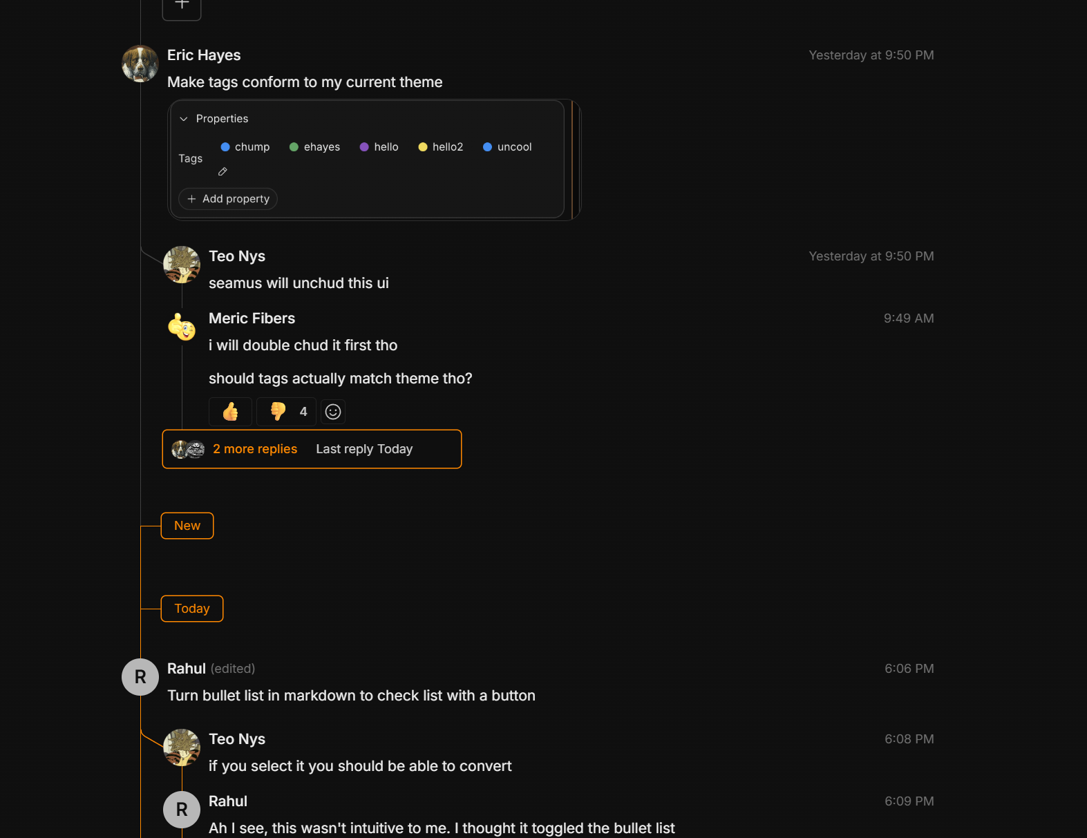 A Macro channel where several threads show their first replies inline, with a '2 more replies' pill for the longer one