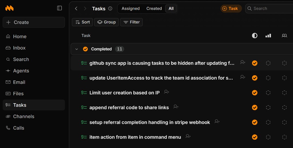 Macro workspace showing tasks in the same app as email, channels, calls and the rest of the sidebar