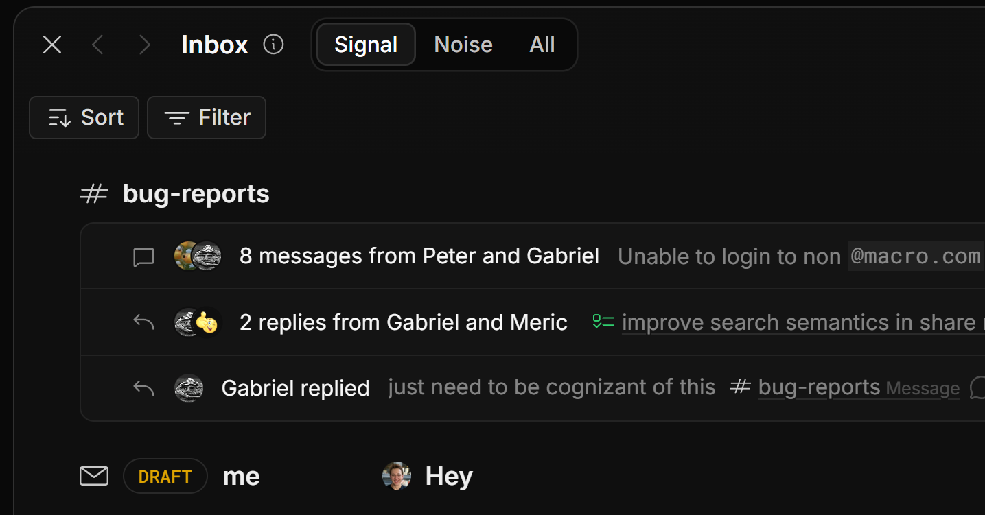 Macro inbox with Signal, Noise and All tabs, showing grouped channel replies from #bug-reports and an email draft