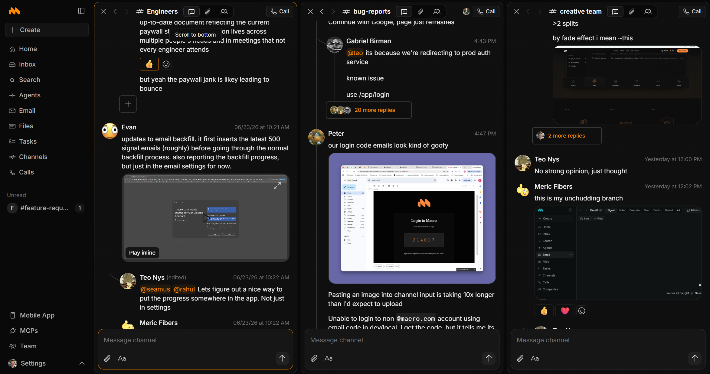 Three Macro channels — Engineers, bug-reports and creative team — open side by side in split view