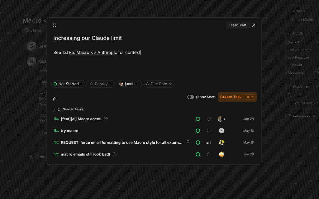 Create task modal opened from an email, with the source thread linked in the description