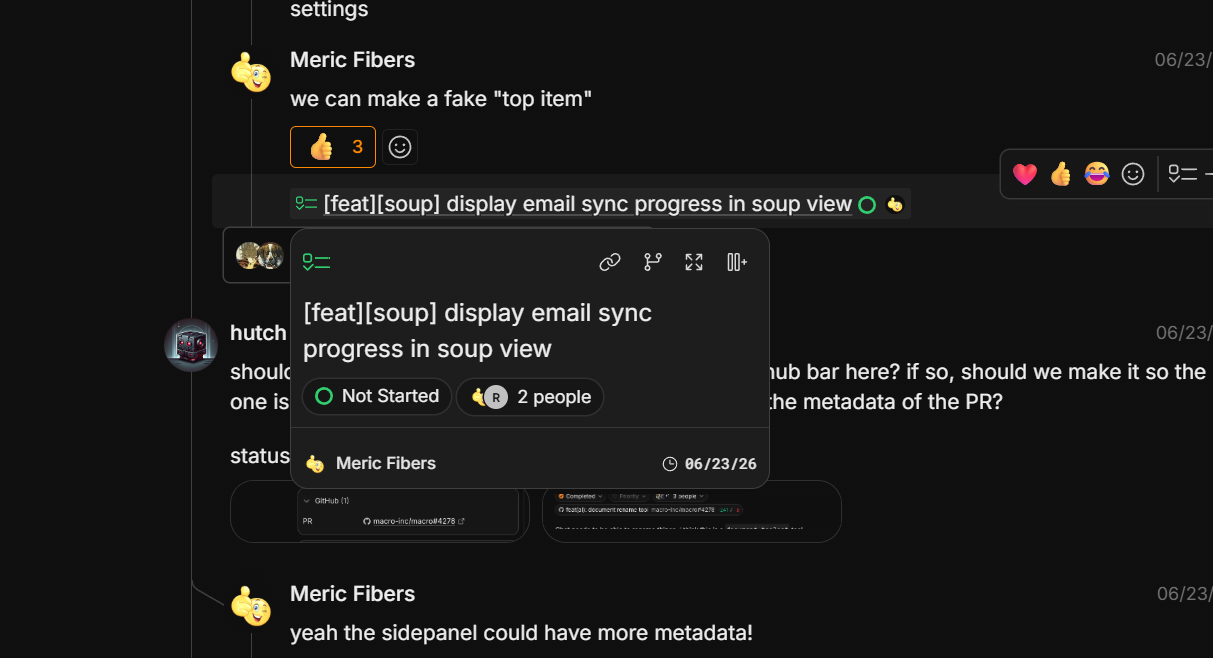 A task pill in a Macro channel thread expanded into a preview card showing status, assignees and due date